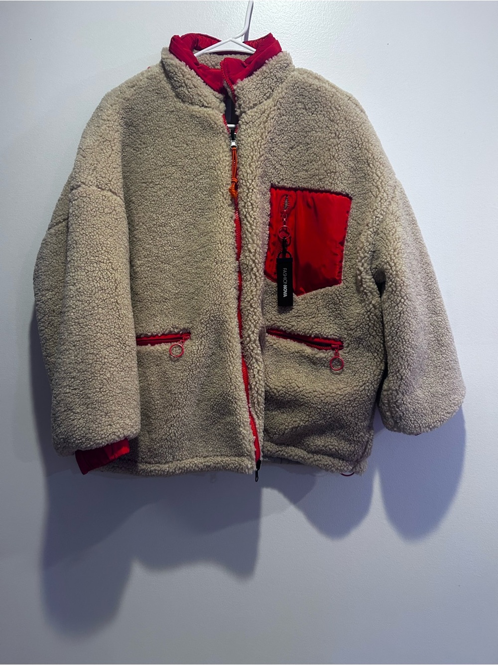 Women Sherpa Jacket with Red Accents - Cozy Winter Coat